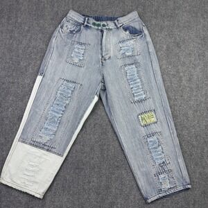 OH Jeans L Patchwork Distressed Barrel Leg Baggy Relaxed Artsy Boho Hippie